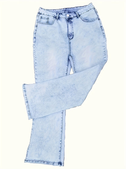 Jeans de mezclilla holgados de color azul descolorido para mujer de talla grande: suaves, cómodos y elegantes con dobladillo dividido, cierre de botón con cremallera y estilo informal: perfectos para uso diario