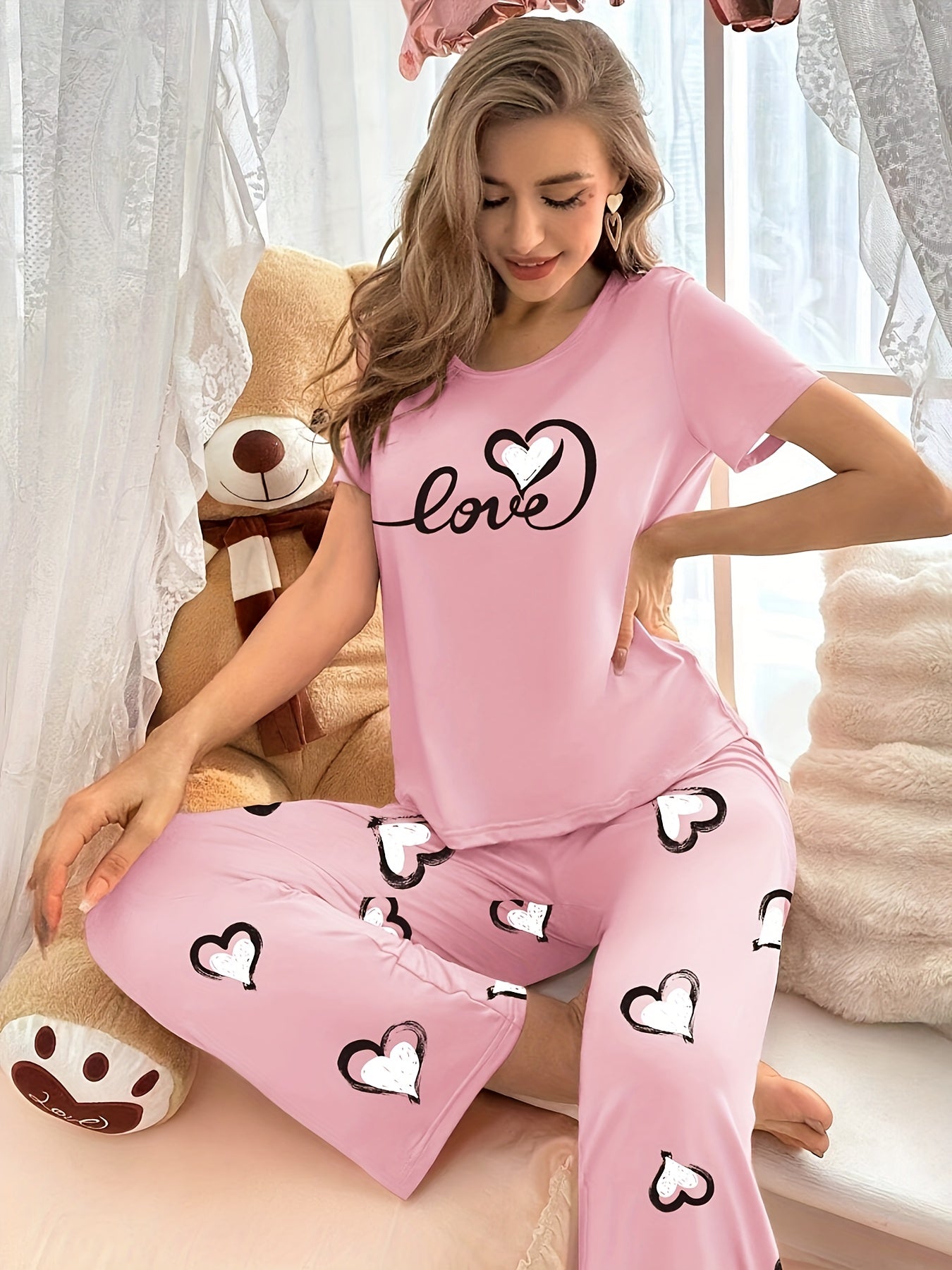 Heart & Letter Printed Womens Pajama Set - Soft, Short Sleeve Nightwear with Round Neck & Elastic Waist Pants - Comfy, Casual Sleep Style for Sweet Dreams - LuxyXO