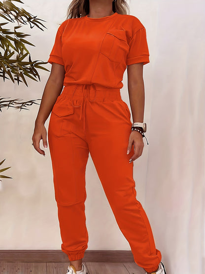 Two-Piece Solid Color Casual Outfit - Crew Neck Short Sleeve T-Shirt & Drawstring Waist Fitted Joggers - Soft Micro Elastic Polyester Fabric, Machine Washable, Regular Fit, All-Season Wear