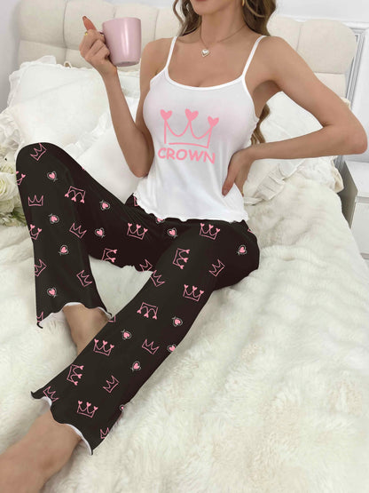 Adorable conjunto de pijama con estampado de corazones a cuadros: camiseta de tirantes cómoda y pantalones elásticos para el romance del Día de San Valentín: ropa de descanso y ropa de dormir para mujer