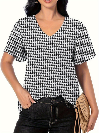 Blusa con escote en V y estampado de pata de gallo, elegante blusa con mangas con volantes para primavera y verano, ropa de mujer