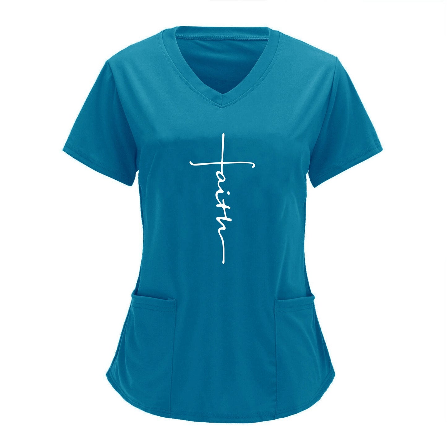 Fashionable Women’s V-neck Scrubs Top with "Faith" Letter Print and Practical Patch Pockets