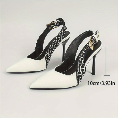 Elegant Temperament Plaid Design Back Strap Color Block High Heels, Single Shoes, Pointed Toe Hollow Elegant Fashion White High Heels