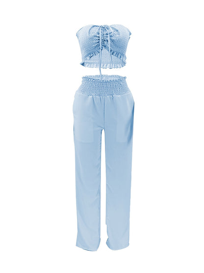 Solid Casual Shirred Two-piece Set, Halter Neck Sleeveless Crop Top & High Waist Loose Long Length Pants Set