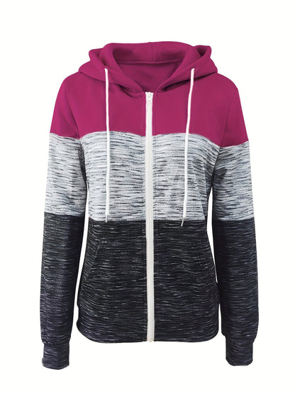 Sudadera con capucha y cremallera para todas las estaciones para mujer: sudadera informal de punto de manga larga con diseño de bloques de colores moderno