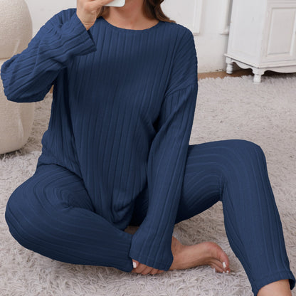 Women's Plus Size Elegant Ribbed Knit Clothing Set - Long Sleeve Round Neck Top & Pants, Stretchy Cozy Gray Two-Piece Outfit for Casual Wear