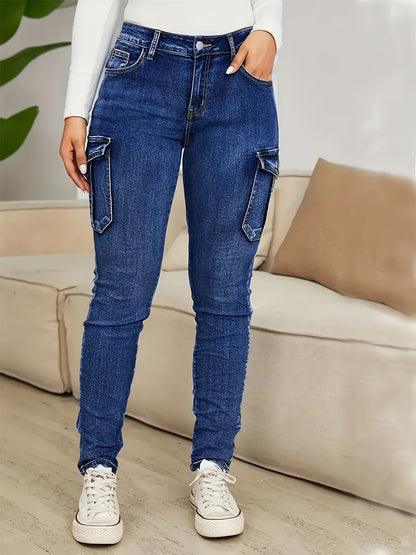 Pantalones vaqueros cargo ajustados de talla grande para uso diario: diseño favorecedor de cintura alta, bolsillo con solapa lateral, tela vaquera cómoda, pantalones vaqueros de moda para mujer y ropa informal para uso diario