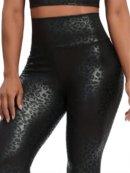 Women's High-Waist Leopard Print Fleece-Lined Leggings - Stretchy, Slimming Faux Leather