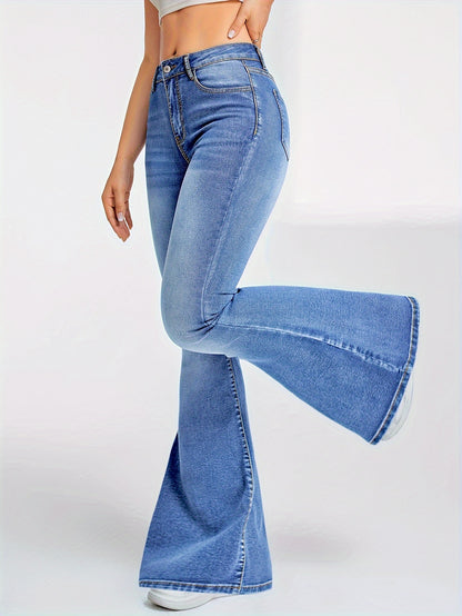 High-Waisted Flare Leg Jeans - Soft High Stretch Preppy Denim Pant - LuxyXO