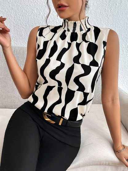 Abstract Print Turtleneck Blouse, Elegant Sleeveless Loose Blouse For Spring & Summer, Women's Clothing