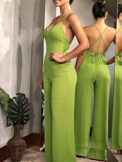 Cross Tie Back V-neck Jumpsuit, Sexy Solid Backless Jumpsuit