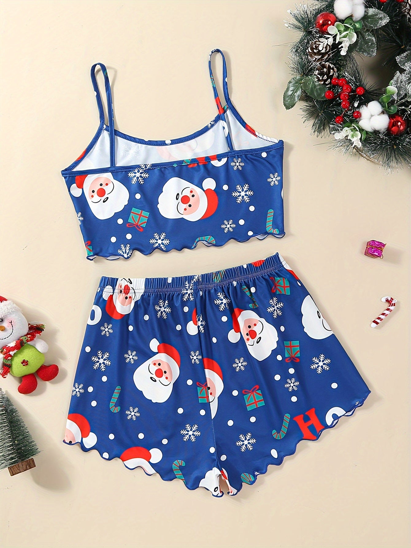 Christmas Santa Snowflake Print Women's Sexy Pajama Set with Ho-Ho-Ho Design, Polyester Knit Fabric, Round Neck, Adult All-Season Pajama Pants and Top Set