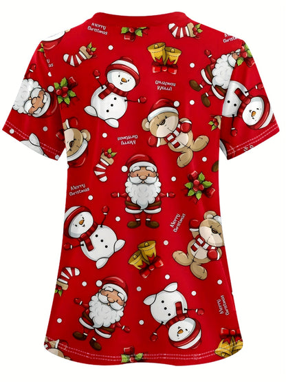 Charming Snowman Print Scrub Top for Women - Comfortable & Stretchy Polyester Blend, V-Neck with Pockets, Ideal for Nurses & Dental Staff