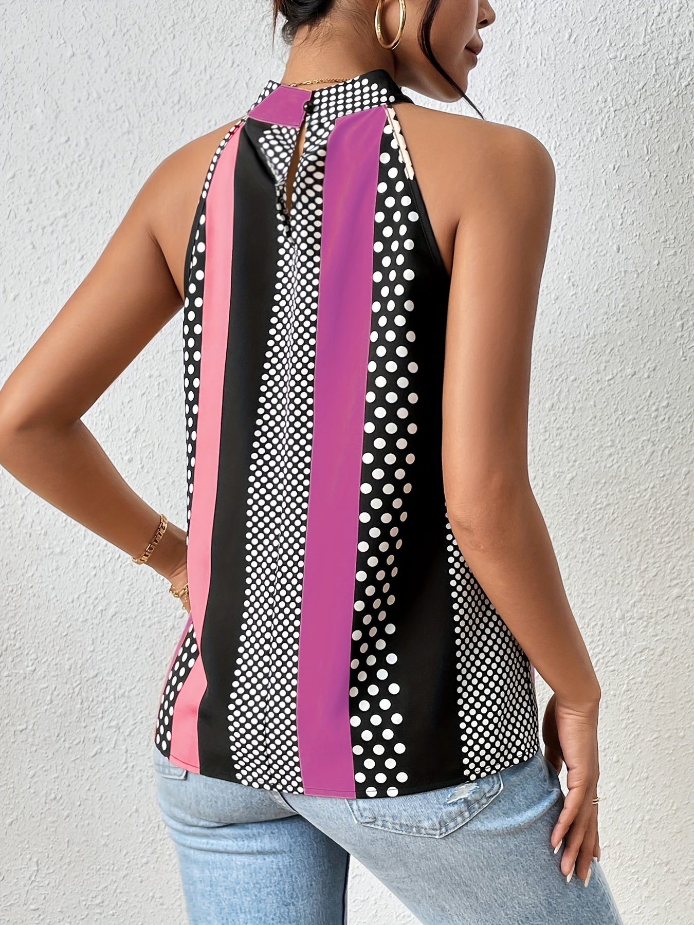 All Over Print Halter Neck Blouse, Casual Sleeveless Blouse For Spring & Summer, Women's Clothing