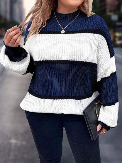 Plus Size Sweater for Women, New Autumn and Winter Striped Sweater, Color Blocking Lazy Style