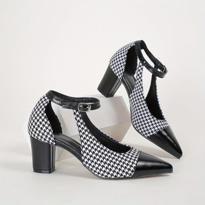 Mid Heel Womens Houndstooth Pattern Ankle Strap Shoes - Soft, Lightweight, Elegant Pointed Toe Dress Shoes with Block Heel, Faux Leather Insole, and Rubber Sole - Perfect for All-Season Wear