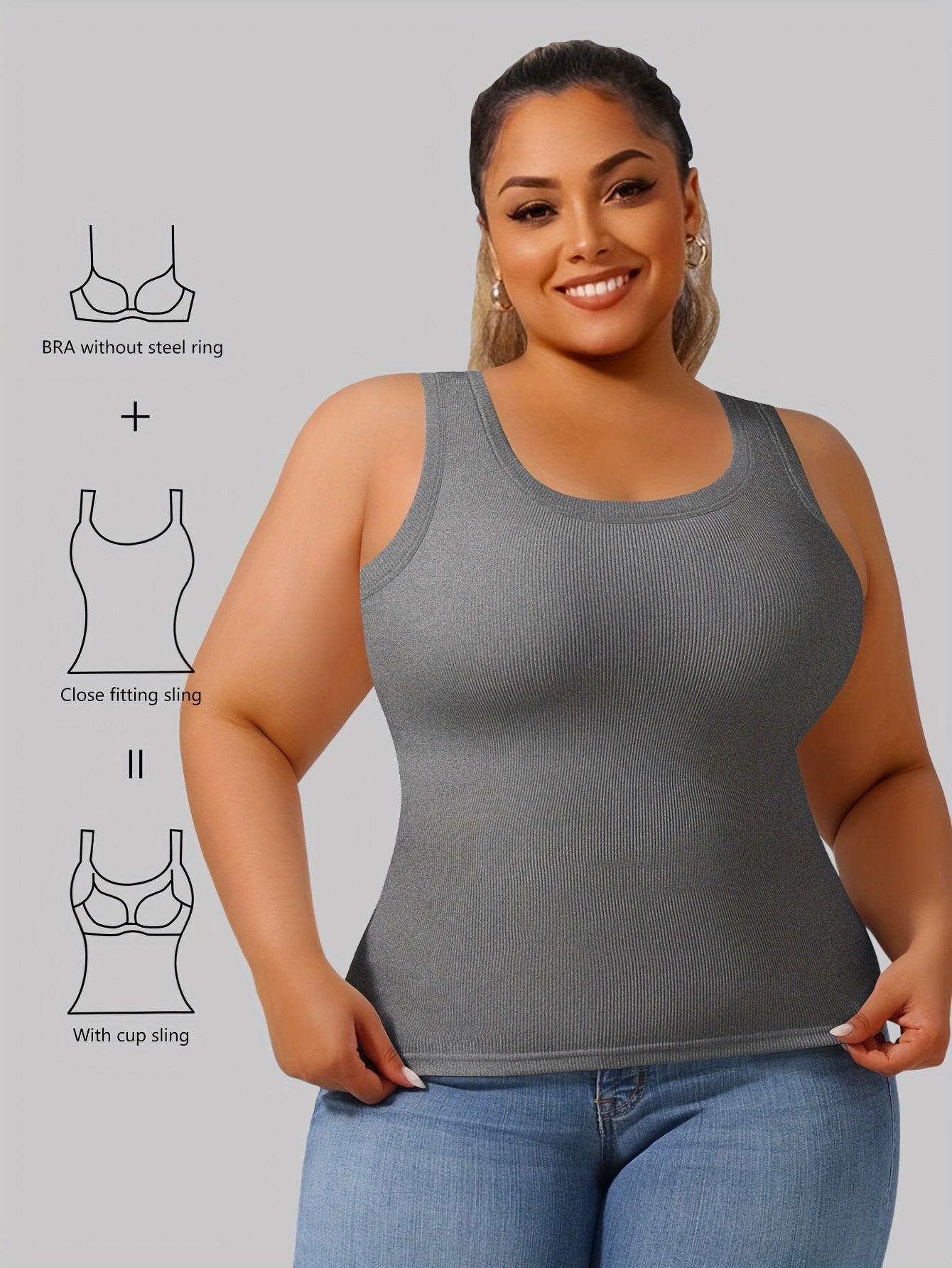 Chaleco moldeador simple de talla grande: modelador, corte ajustado, camiseta sin mangas 2 en 1 con tela acanalada sólida, diseño de cuello redondo, cómodo y transpirable para uso diario, ideal para mujeres con curvas