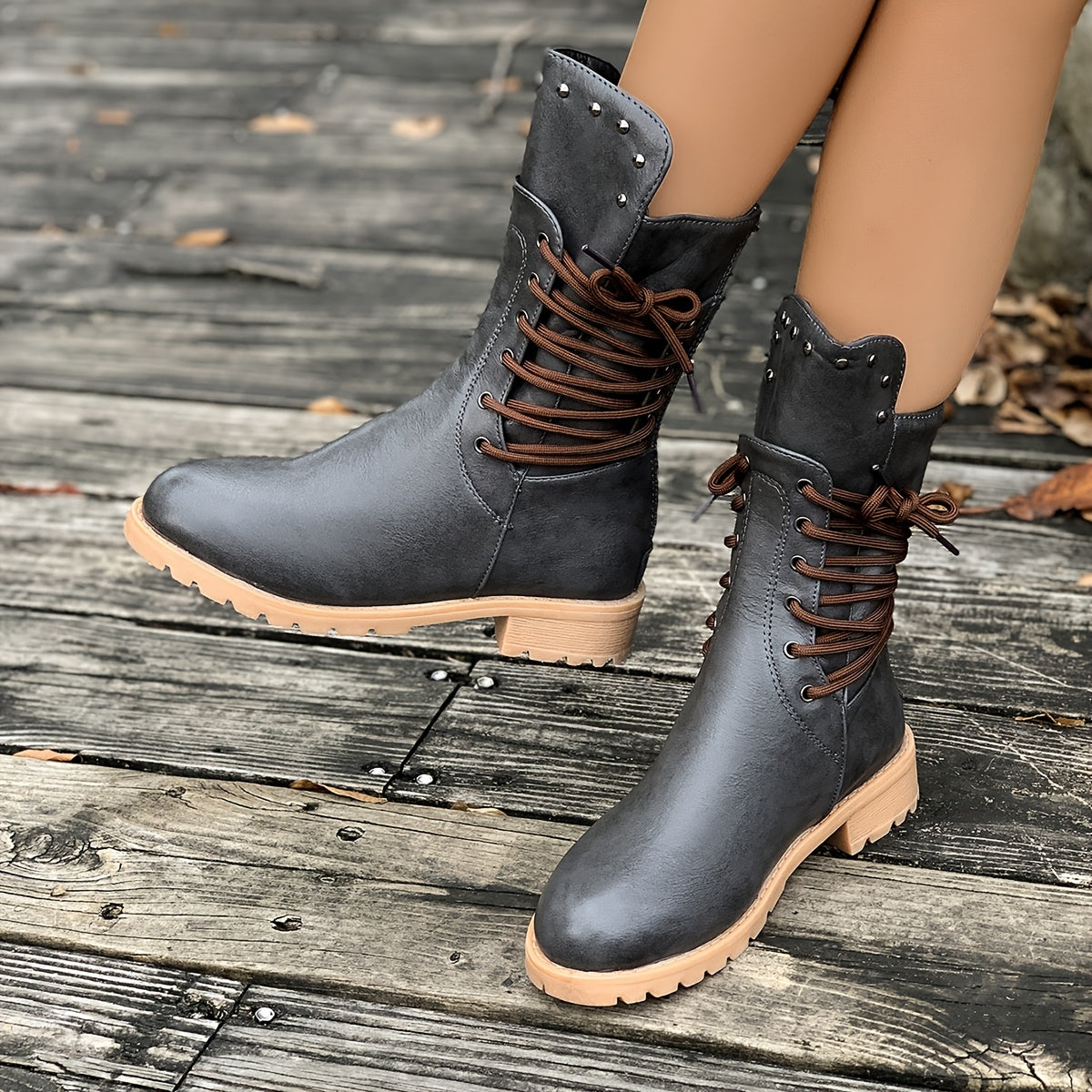 Women's Fashionable Mid-Calf Boots with Rivet Detail - Chunky Heel, Plush Lined for Winter Comfort, Side Zipper Closure