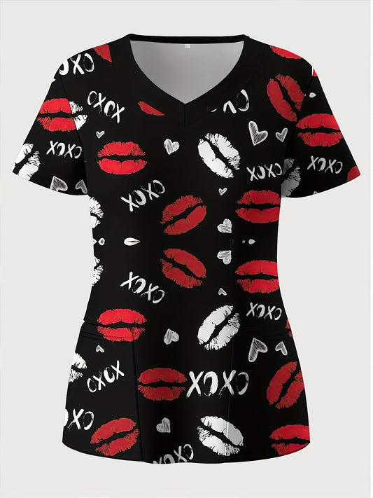 Chic Plus Size V-Neck Scrub Top with Red Lips Print - Elegant Short Sleeve Workwear for Women, Machine Washable