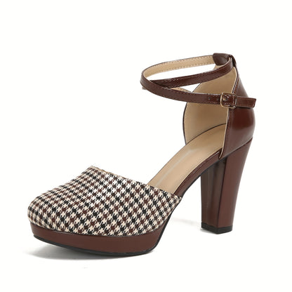 Chic Womens Houndstooth High Heel Sandals - DOrsay Crisscross Ankle Strap Design with Stable Platform Block Heel - Trendy Fashion Footwear