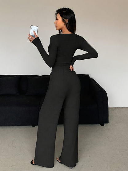 Women's Casual V-Neck Knit Pantsuit Set - Polyester Blend Long Sleeve Button-Top with Drawstring Pocket Pants, Solid Color Two-Piece Outfit for Fall/Winter