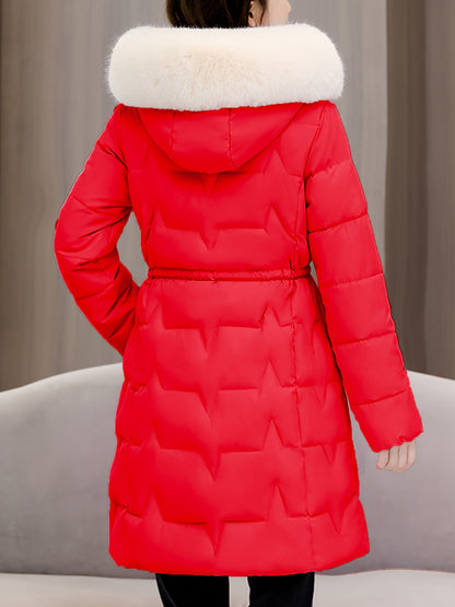 Elegant Women's Winter Coat with Detachable Hood - Long, Warm Puffer Jacket with Faux Fur Trim & Drawstring Waist