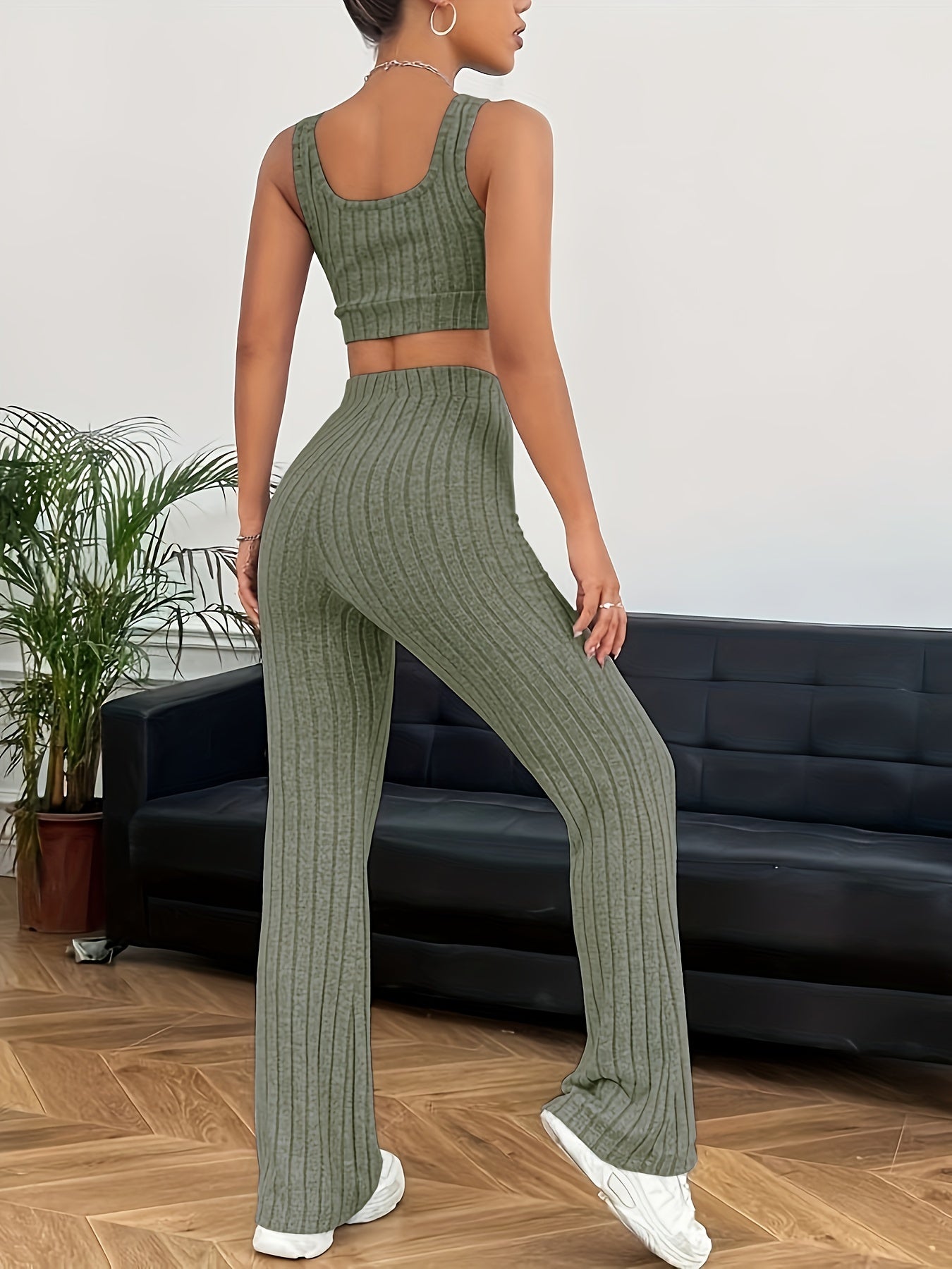 Chic Ribbed Two-piece Outfit Set - Soft Crop Tank Top & High Waist Pants - Flattering Casual Wear for Women