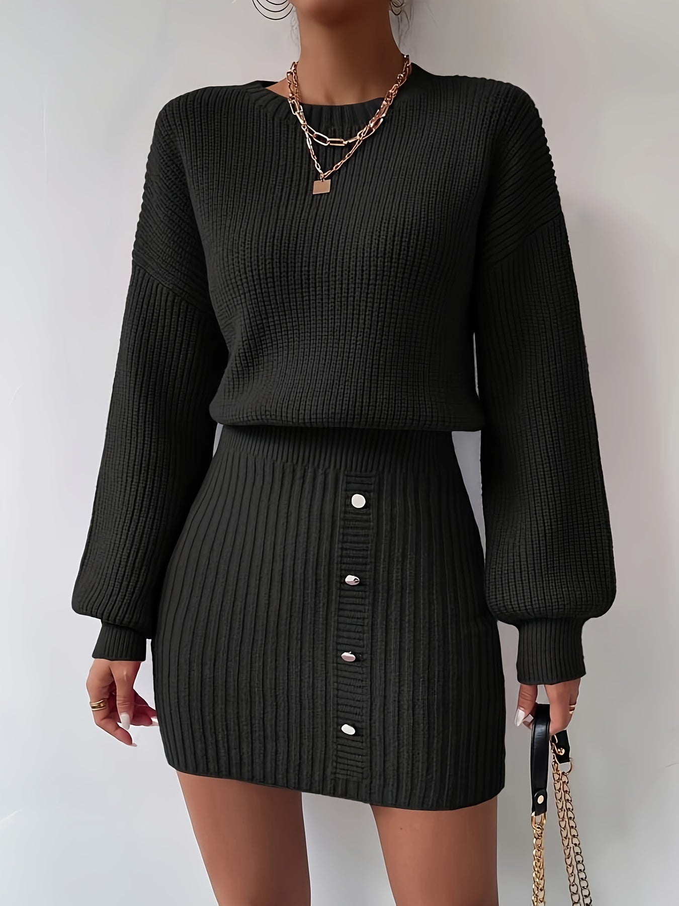 Chic Solid Color Sweater Dress for Women - Casual Crew Neck, Long Sleeve, Knit Polyester - Perfect for Fall & Winter