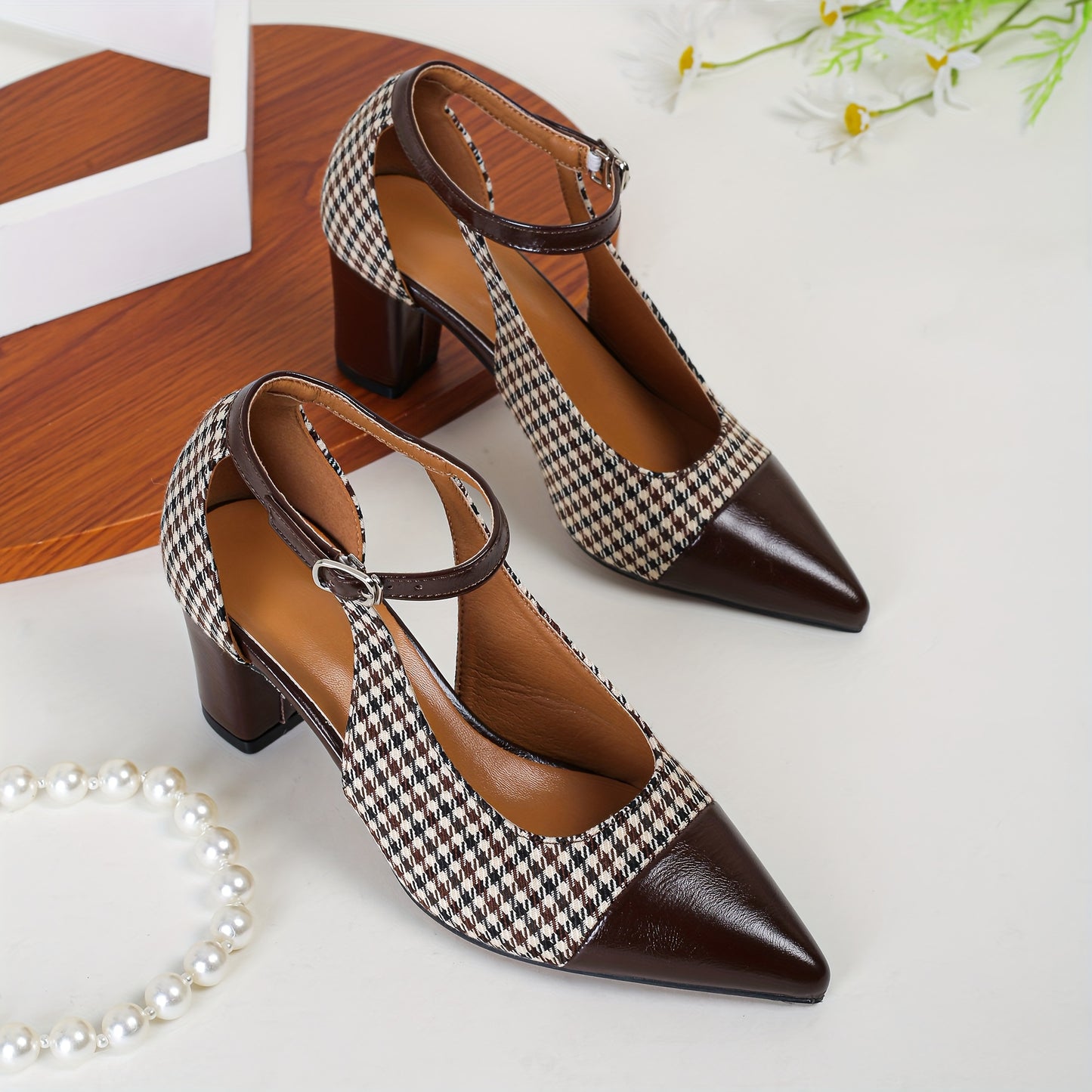 Mid Heel Womens Houndstooth Pattern Ankle Strap Shoes - Soft, Lightweight, Elegant Pointed Toe Dress Shoes with Block Heel, Faux Leather Insole, and Rubber Sole - Perfect for All-Season Wear