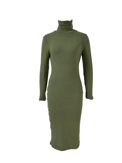 Midi Bodycon Solid Turtleneck Long Sleeve Dress - Elegant, Versatile, and Comfortable for Spring and Fall - Machine Washable, Mid-Elasticity, Polyester Fabric