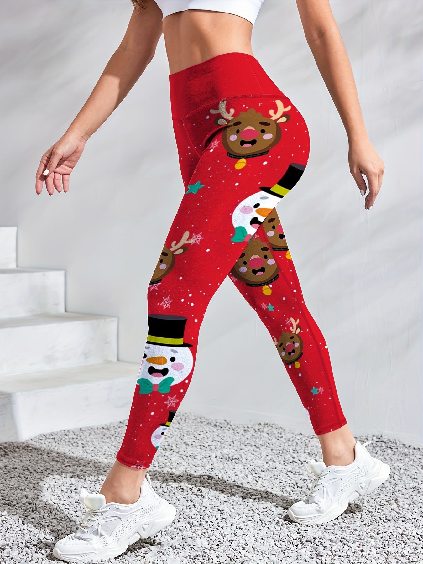 Women'S High-Waisted Yoga Leggings, Christmas Cartoon Snowman & Reindeer Print, Quick-Dry Breathable Fabric, Stretchy Polyester, Color Block Detail, Regular Fit, All-Season Fitness Wear