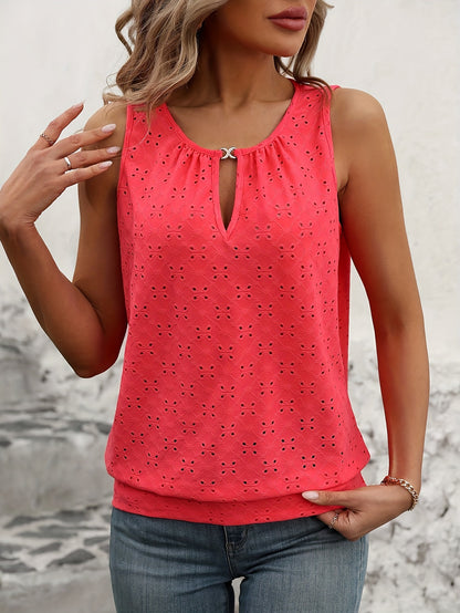 Eyelet Embroidered Hollow Out Blouse, Casual Sleeveless Crew Neck Loose Blouse For Spring & Summer, Women's Clothing