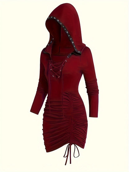 Y2K-Inspired Gothic Hooded Mini Dress - Solid Color, Ruched & Slim Fit with Drawstring Detail, Machine Washable - Perfect for Spring/Fall