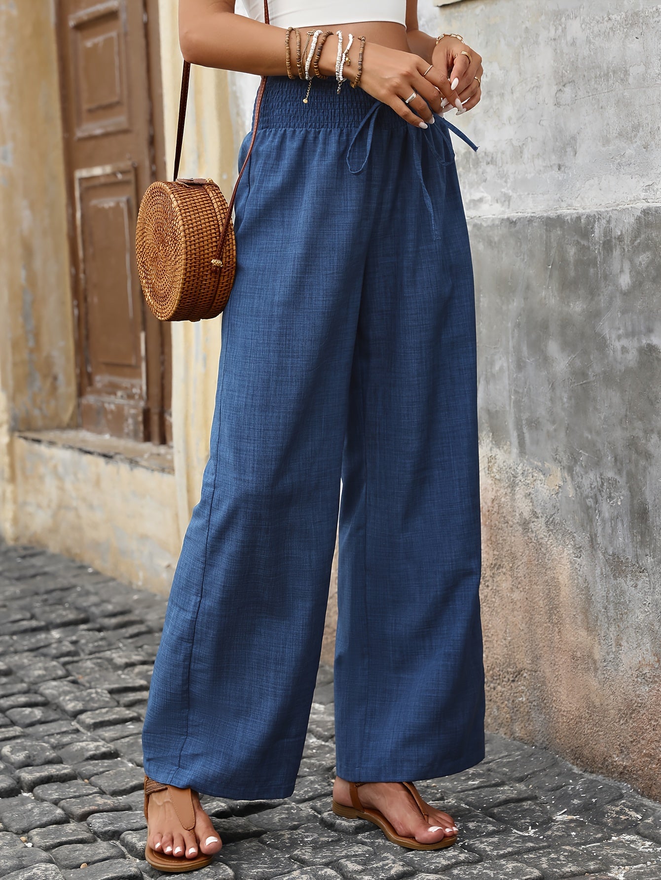 Solid Color Fake Drawstring Wide Leg Pants - Casual High Waist Versatile Pants