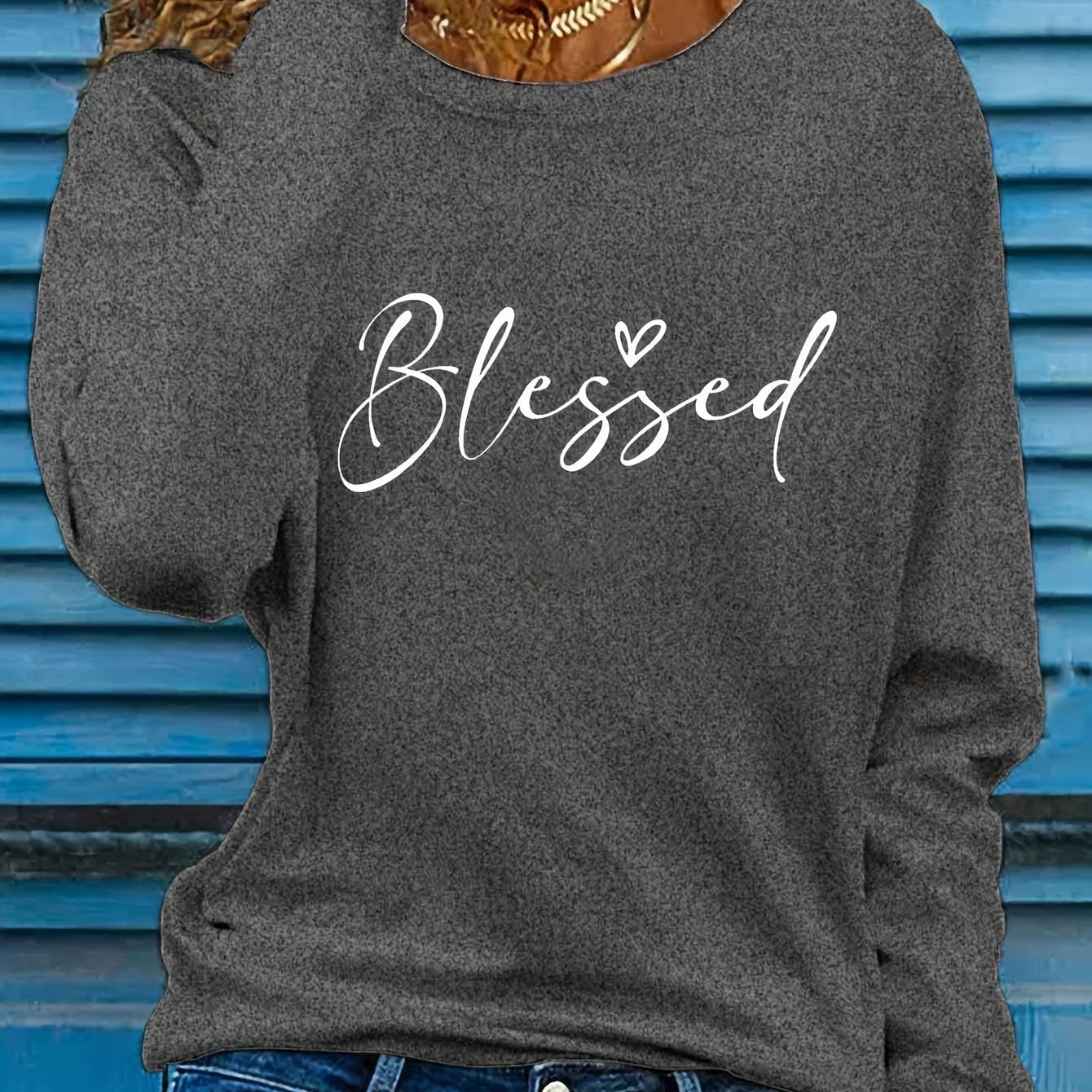 Camiseta de cuello redondo Blessed, camiseta informal de manga larga