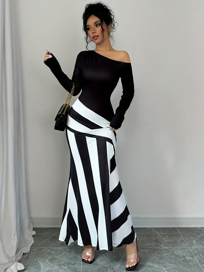 Elegant Off-Shoulder Striped Maxi Dress for Women - Long Sleeve, Bodycon Fit, Machine Washable