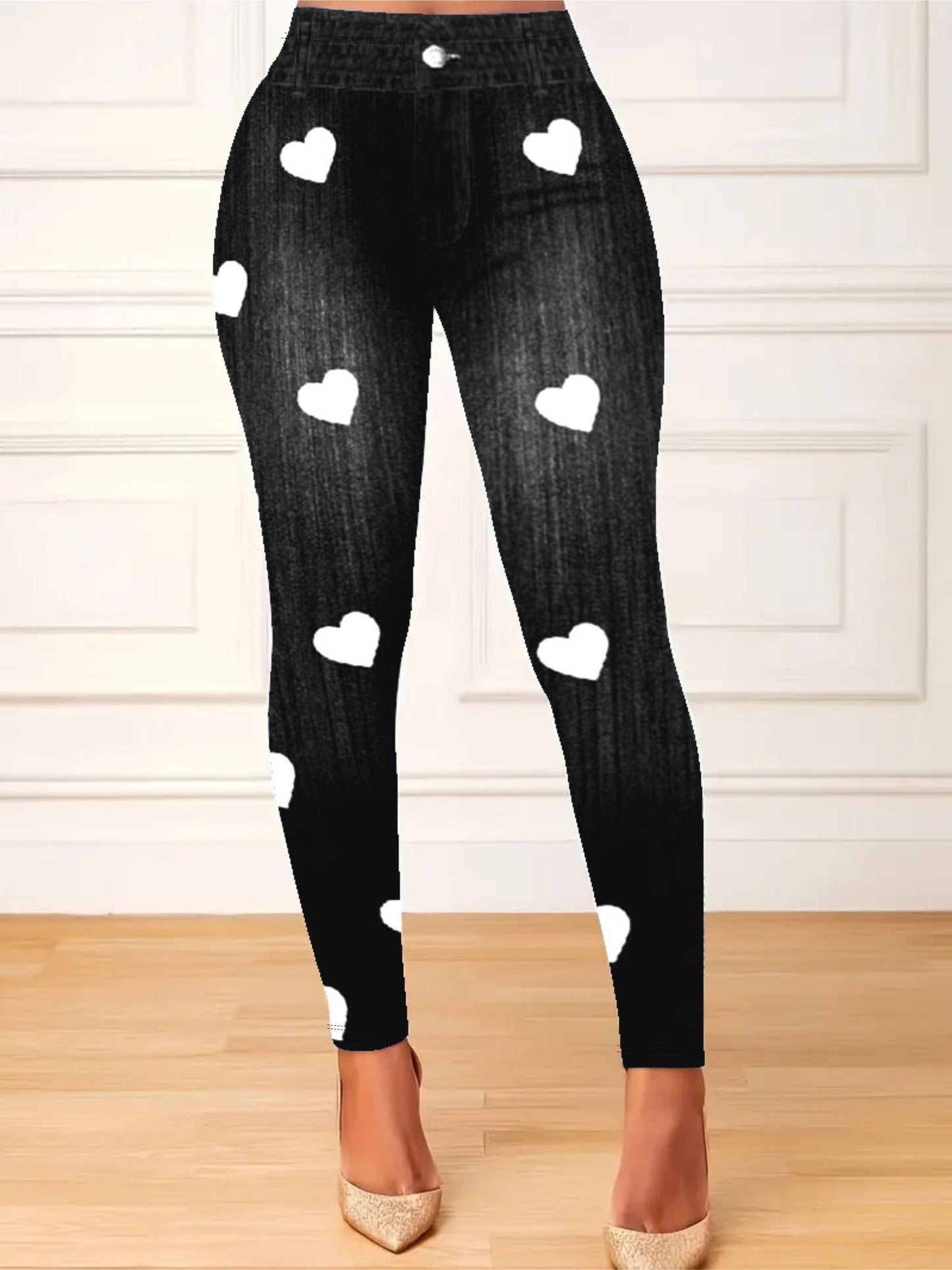 Leggings ajustados con estampado de corazones de talla grande: ultra cómodos, de cintura alta, elásticos y de tela suave: perfectos para uso diario informal, ropa de talla grande para mujer para aumentar la confianza