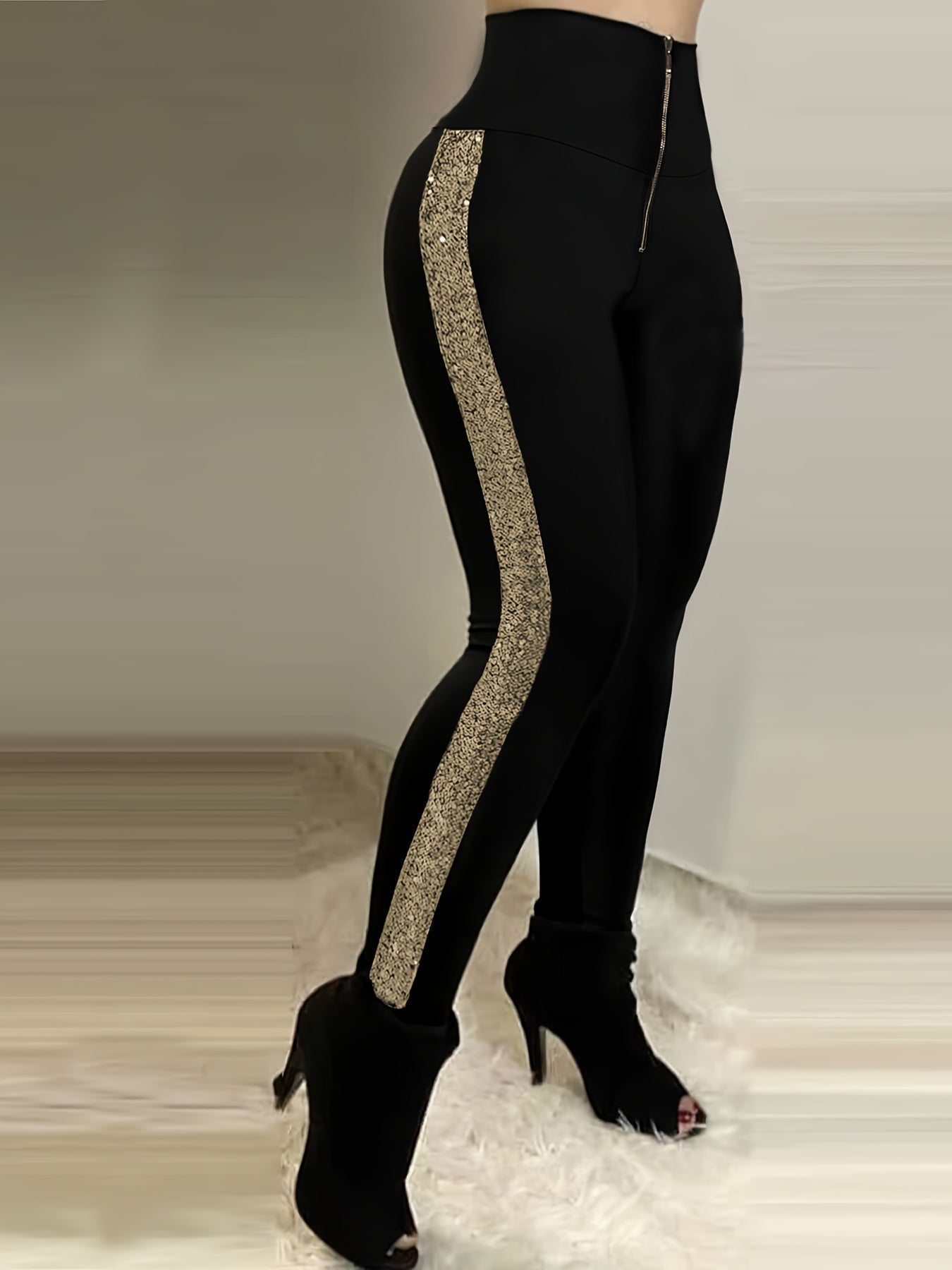 Women's Glam Sequin High-Waist Leggings - Stretchy, Zip Detail, Machine Washable - Perfect for All Seasons