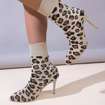 Botas tipo calcetín con estampado de leopardo para mujer, zapatos tipo calcetín antideslizantes con punta alta y tacón de aguja, zapatos versátiles y cómodos