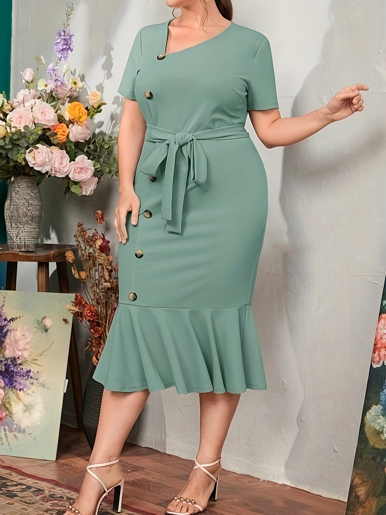 Stunning Plus Size Mermaid Hem Dress - Elegant Belted Short Sleeve Midi Dresses for Women - Spring & Summer Fashion, Solid Button Front, Flattering Fit, Comfortable Wear