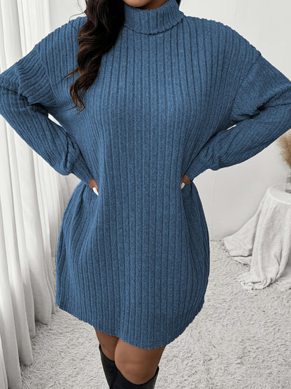 Women'S Plus Size High Neck Rib-Knit Knit Dress, Casual Long Sleeve Knee-Length Pullover