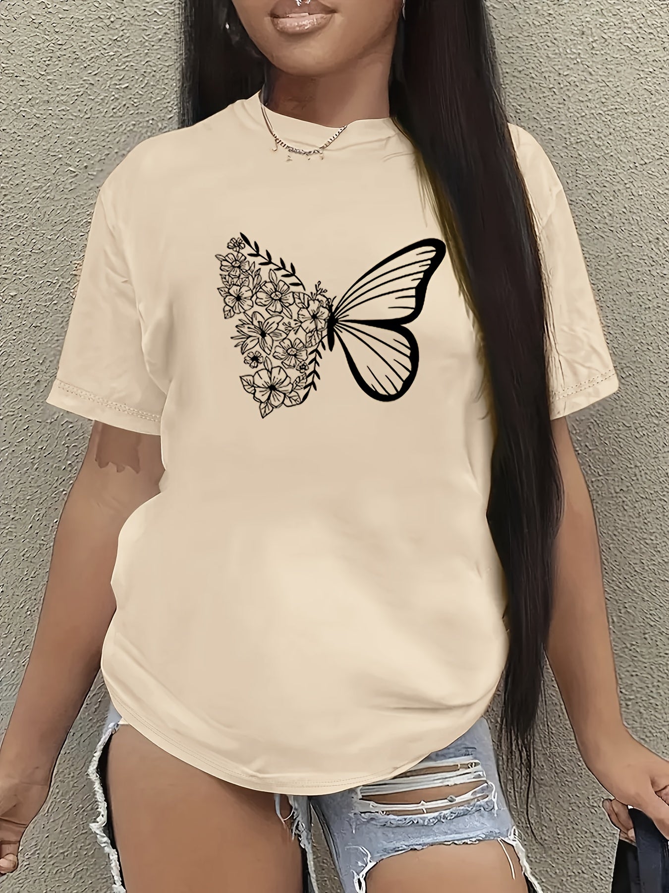 Butterfly Print Crew Neck Short Sleeve T-Shirt - Soft Mid-Elasticity Polyester Fabric, Machine Washable, Casual Style for Spring & Summer - Womens Regular Fit Clothing for Everyday Wear