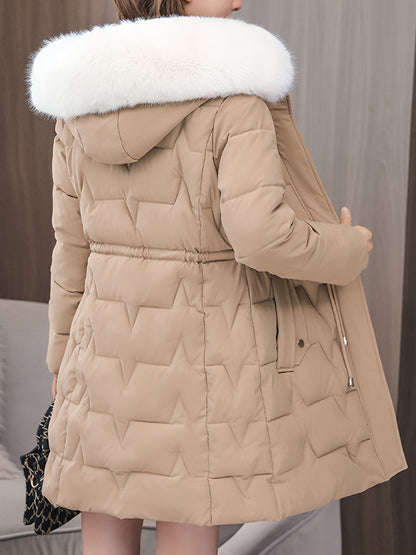 Elegant Women's Winter Coat with Detachable Hood - Long, Warm Puffer Jacket with Faux Fur Trim & Drawstring Waist