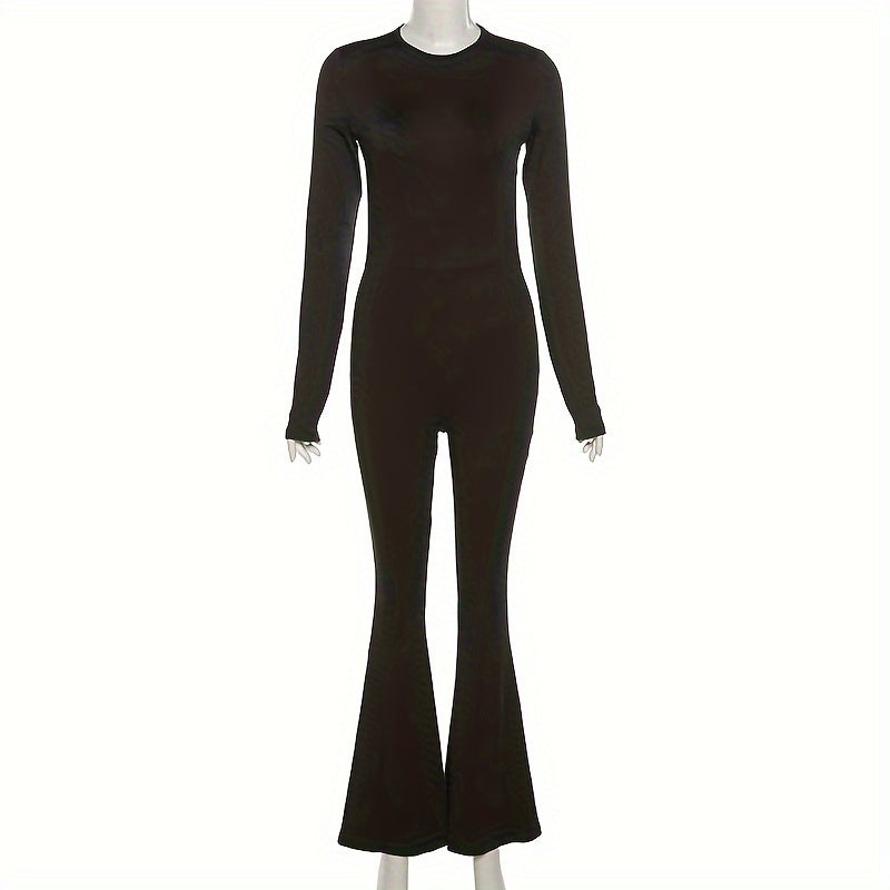 Black Simple Casual High Elastic Tight Sexy Backless Long-Sleeved Straight-Leg Wide-Leg Jumpsuit