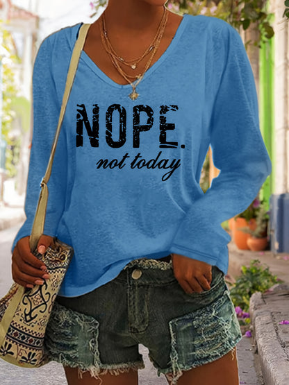 Plus Size Nope Print V Neck T-Shirt - Plus Size T-shirts for Women, Casual Long Sleeve Top with Relaxed Fit for Spring and Fall Seasons