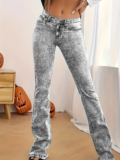 Women'S Casual Skinny Flare Jeans, 70% Viscose 24% Polyester 6% Spandex, Long Length, Low Waist, Button Fly, Medium Stretch