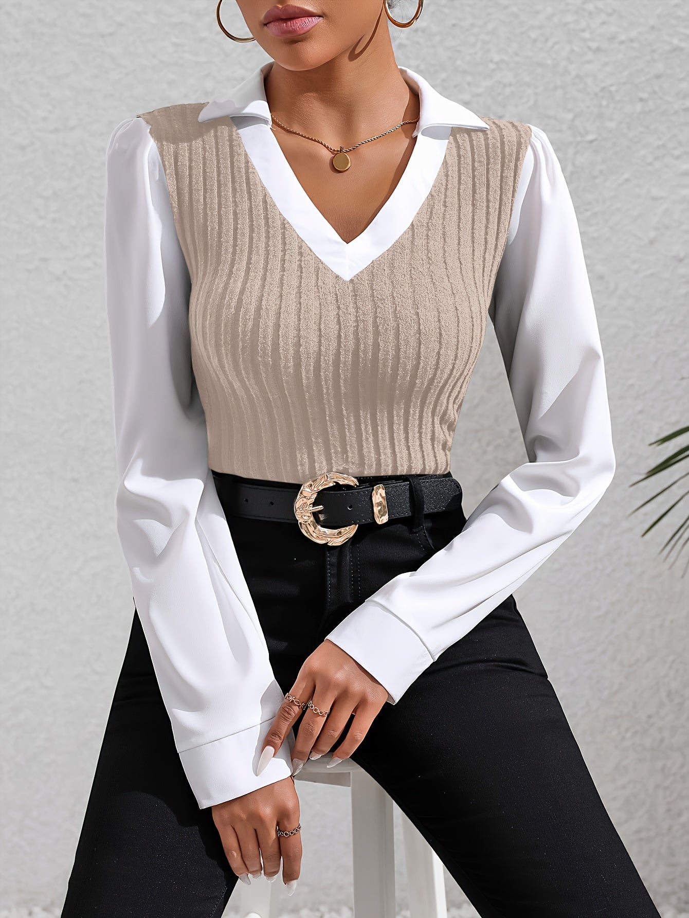 Chic Color Block Blouse with Faux Twinset - Trendy Lapel Collar & Long Sleeves - Ideal for Spring & Fall - Womens Casual Fashion Essential