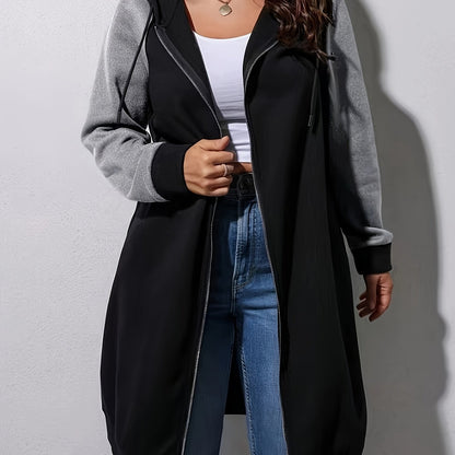 Plus Size Color Block Hooded Coat, Casual Drawstring Zipper Front Long Sleeve Outerwear For Fall, Women's Plus Size Clothing