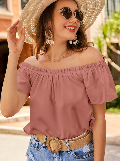 Elegant Off the Shoulder Blouse for Women - 100% Polyester Solid Color Shirt with Ruffle Hem, Woven, All Season Top