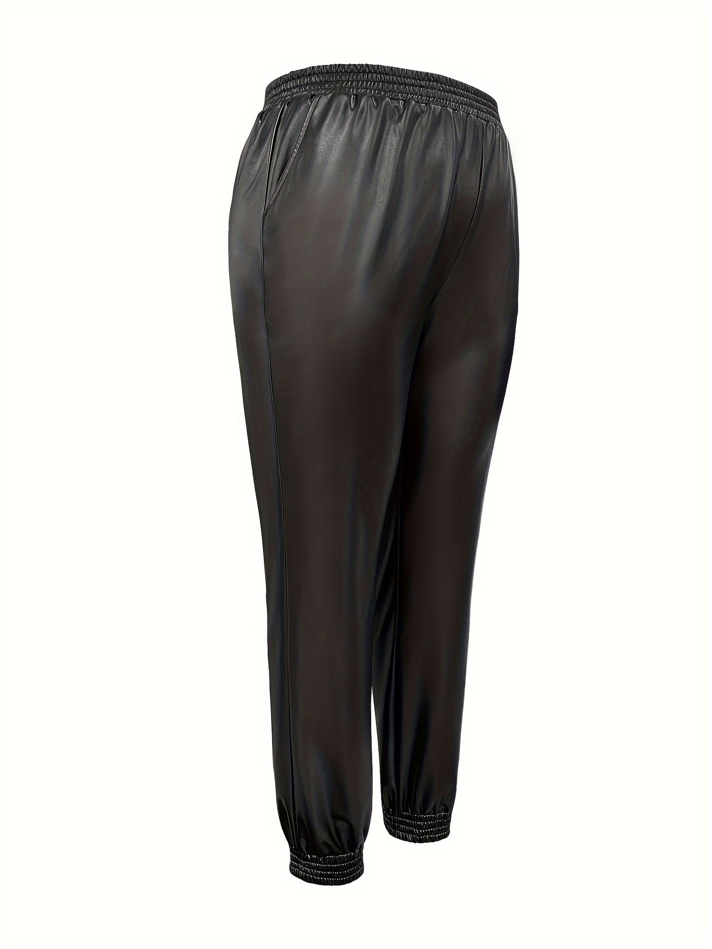 Elegant Plus Size Solid PU Leather Fitted Bottom Pants with Elastic Waist and Pockets